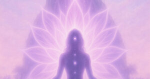 Image of women with upper chakras in front of lotus in purple