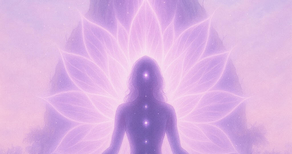 Image of women with upper chakras in front of lotus in purple